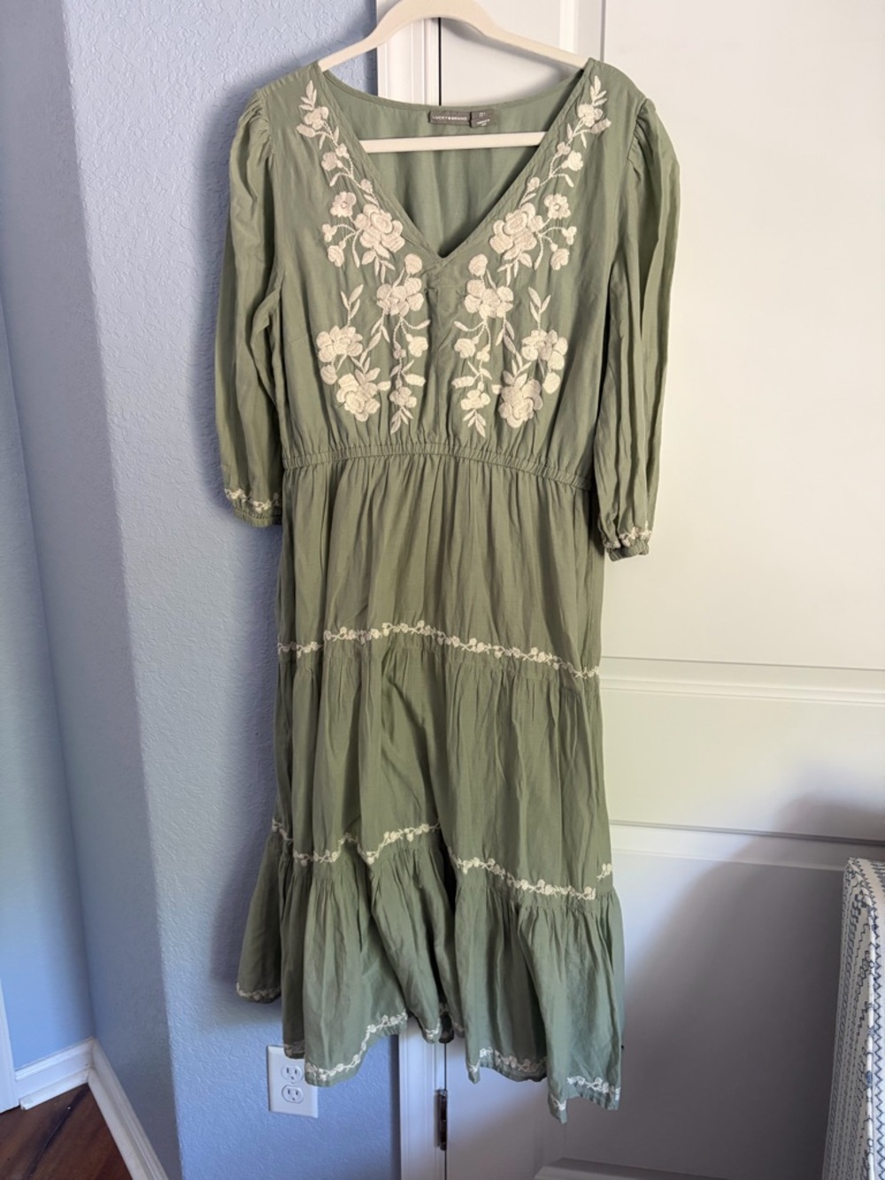 Lucky Brand Sage Green Maxi Dress with Cream Embroidery